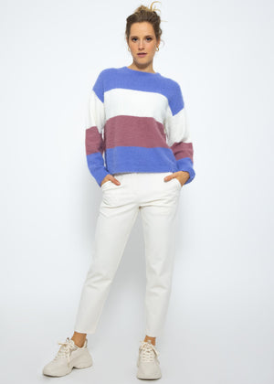 Fluffy sweater with block stripes - purple-off-white-mauve
