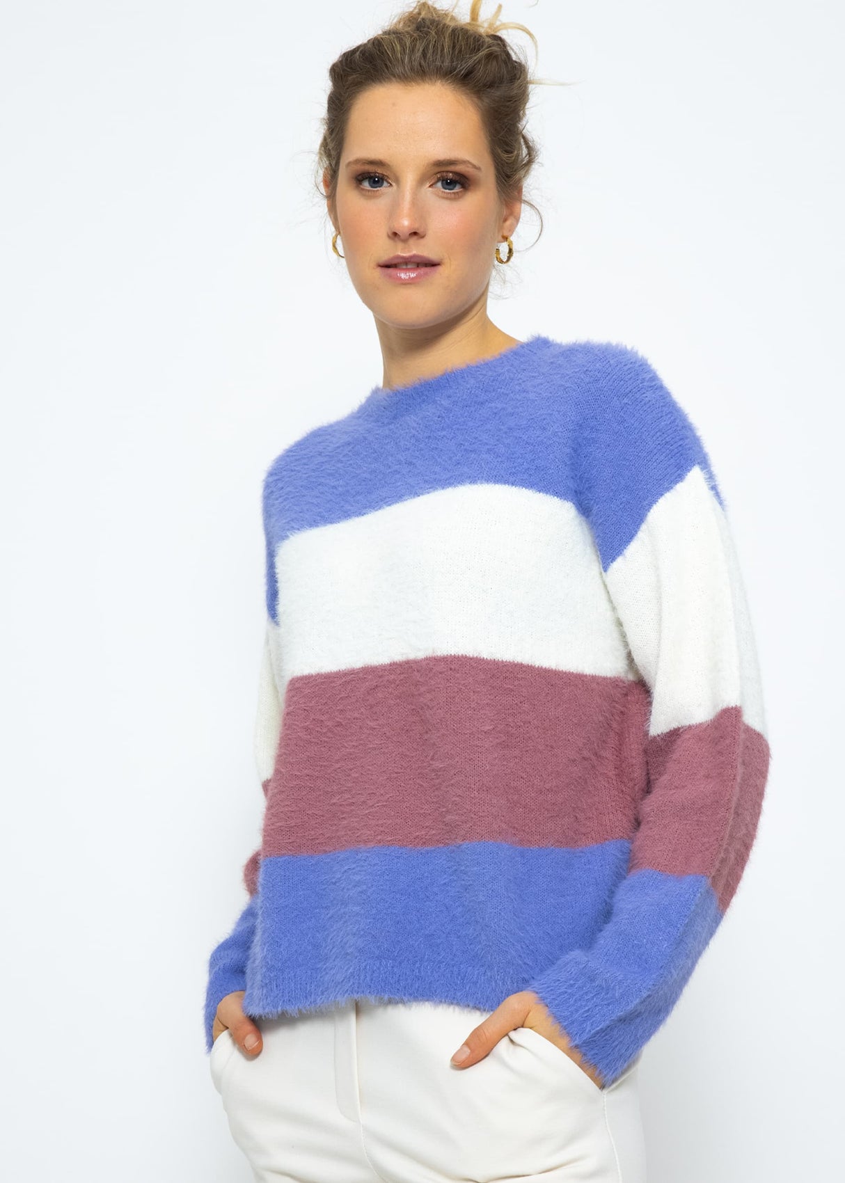Fluffy sweater with block stripes - purple-off-white-mauve