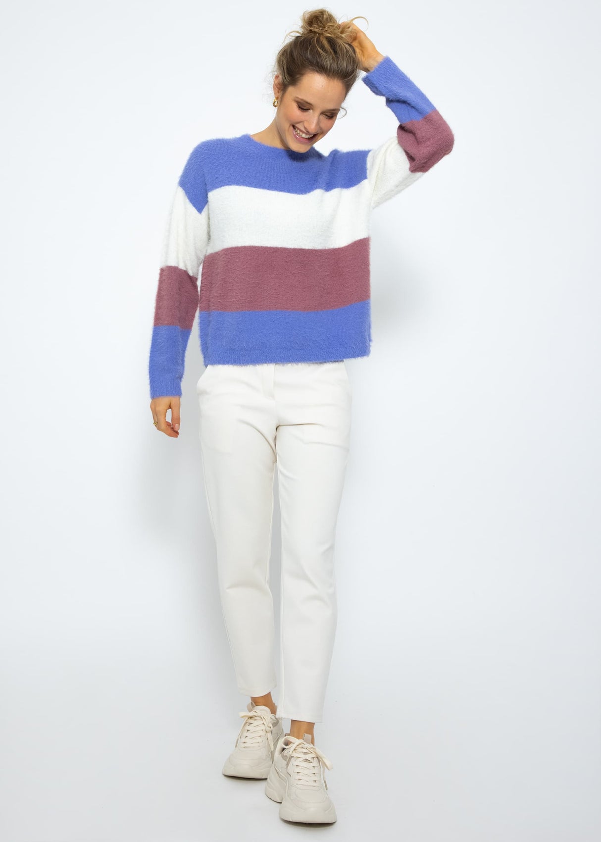 Fluffy sweater with block stripes - purple-off-white-mauve