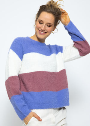 Fluffy sweater with block stripes - purple-off-white-mauve