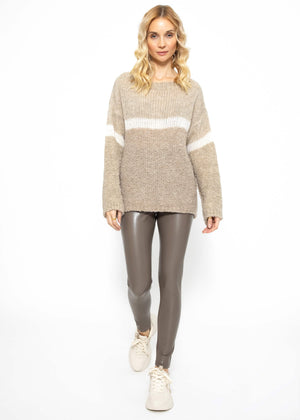 Fluffy sweater with striped design - beige-off-white