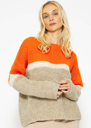 Fluffy sweater with striped design - orange-off-white-beige