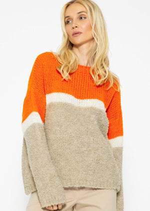 Fluffy sweater with striped design - orange-off-white-beige