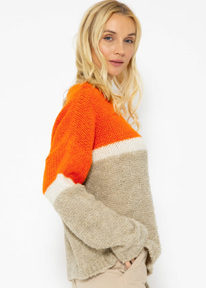 Fluffy sweater with striped design - orange-off-white-beige