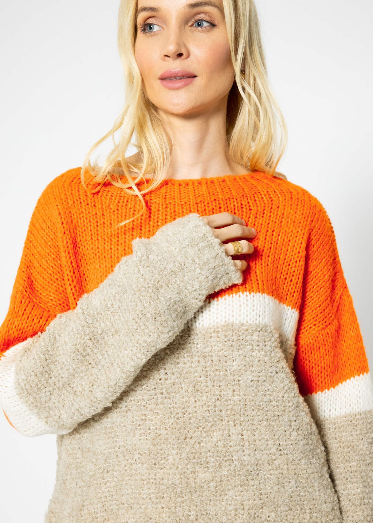 Fluffy sweater with striped design - orange-off-white-beige