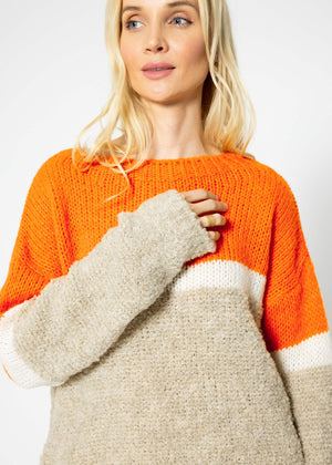 Fluffy sweater with striped design - orange-off-white-beige