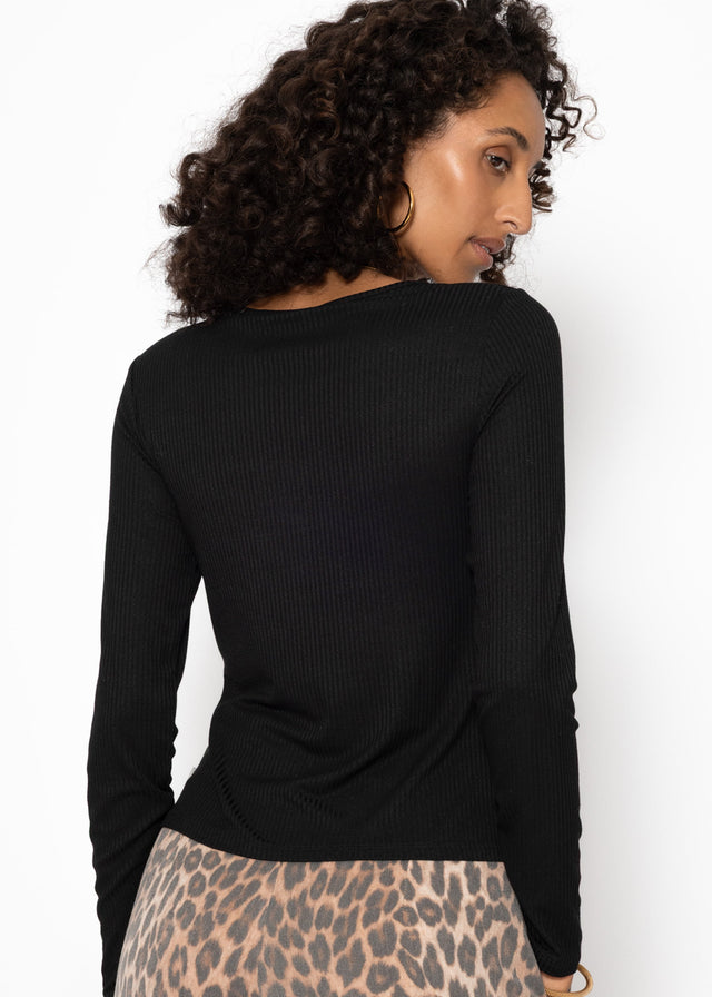 Ribbed long-sleeved top - black