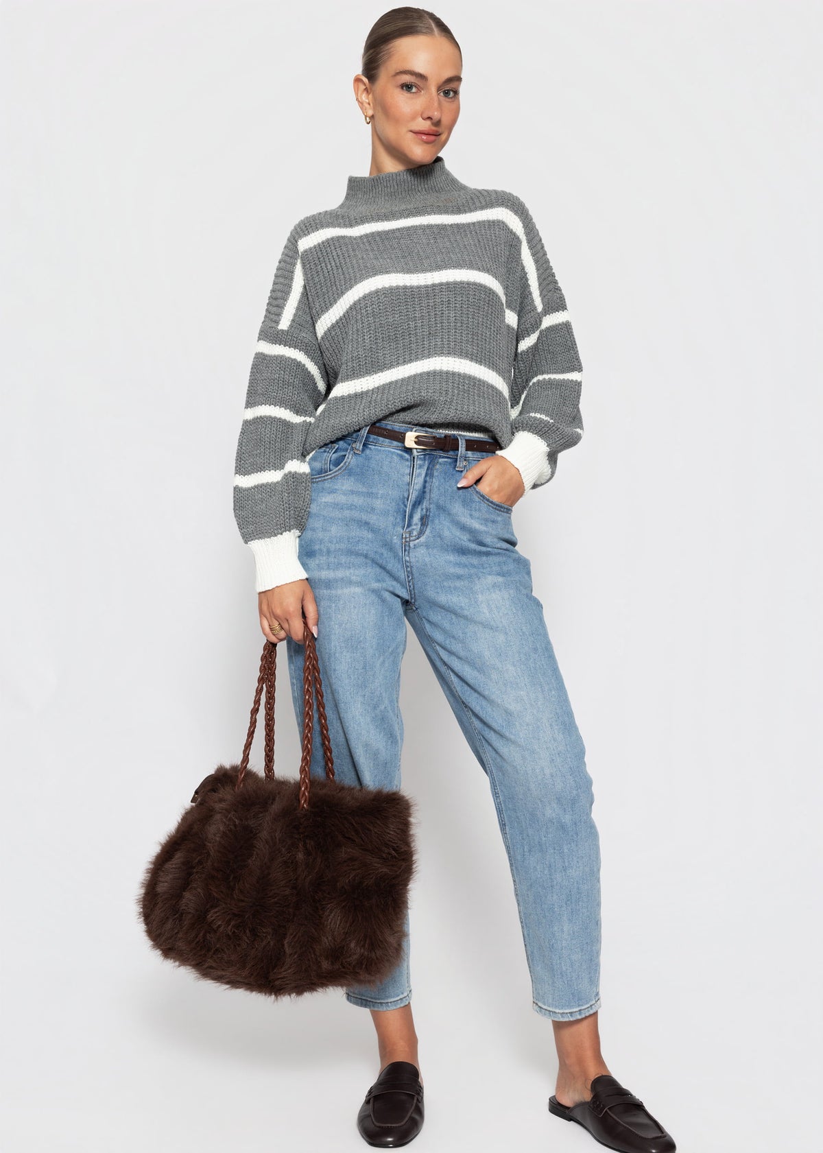 Gestreifter Turtleneck-Pullover - grau-offwhite