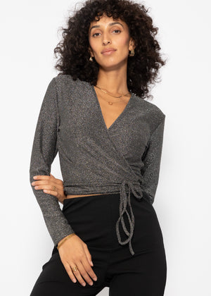 Glittery long-sleeved wrap shirt - silver