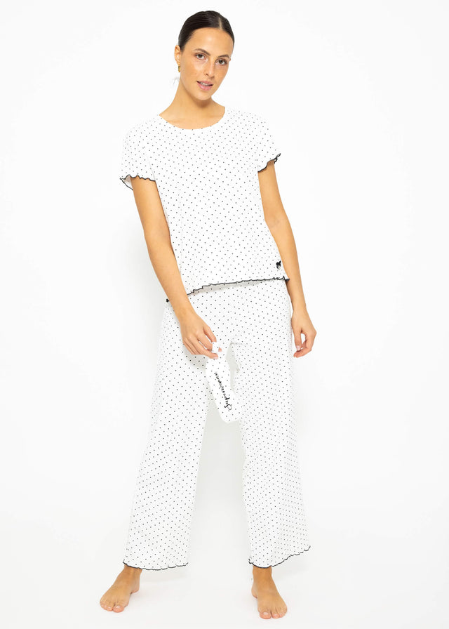 Short-sleeved sleep top with polka dots - white