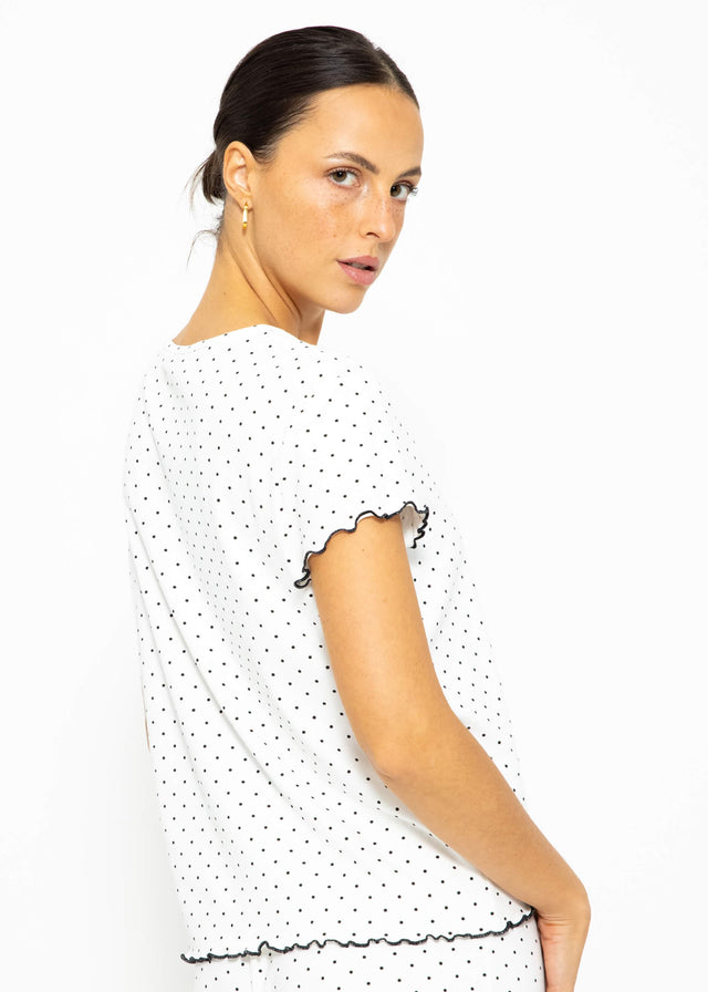 Short-sleeved sleep top with polka dots - white