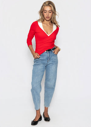 Long-sleeved top with wrap effect - red
