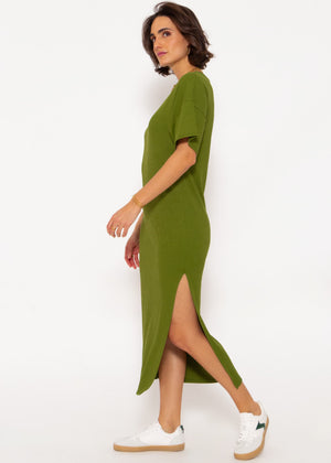 Maxi rip jersey dress with slit - khaki