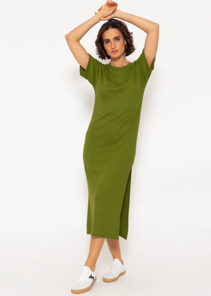 Maxi rip jersey dress with slit - khaki
