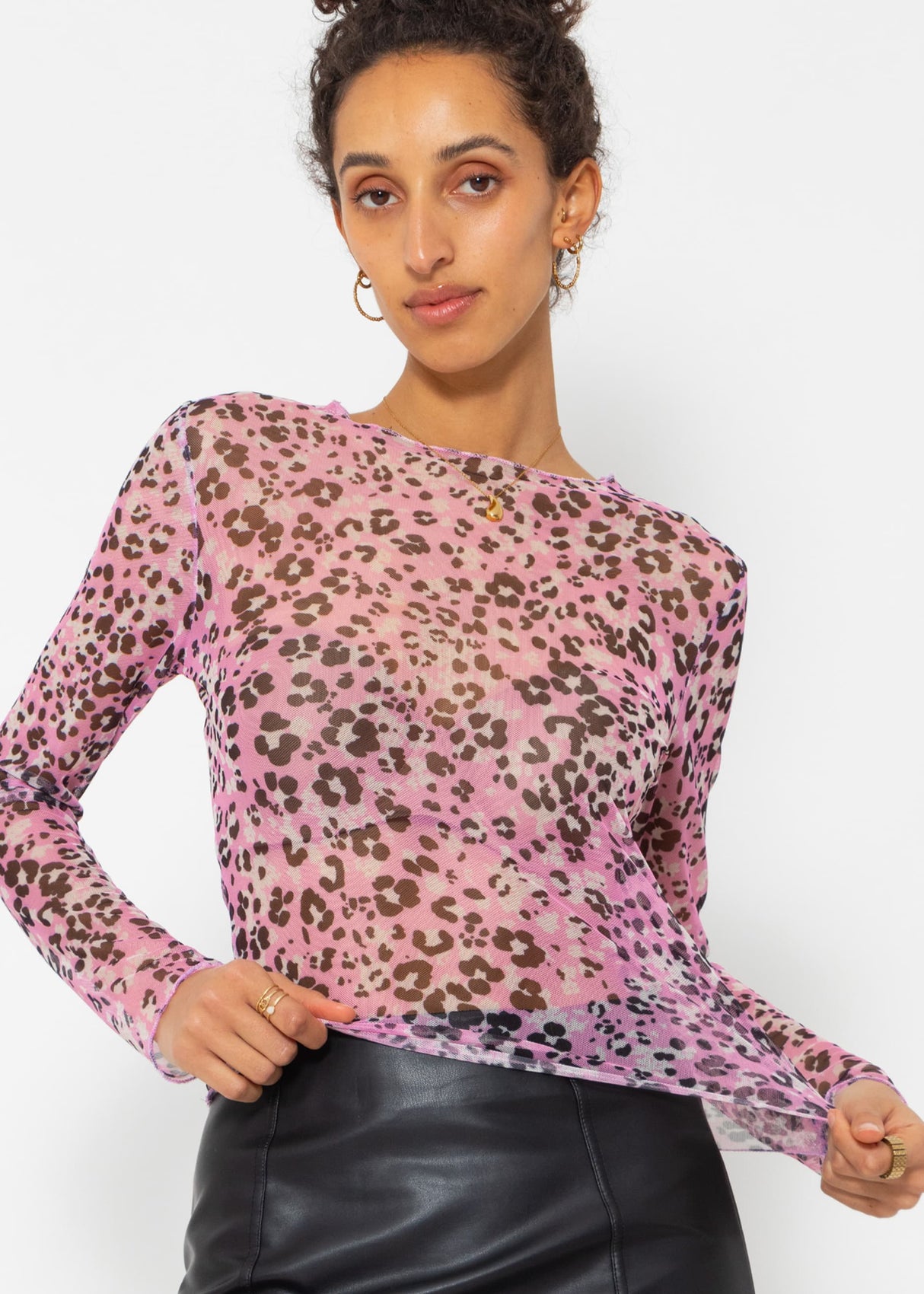 Mesh long-sleeved shirt with leopard print - pink