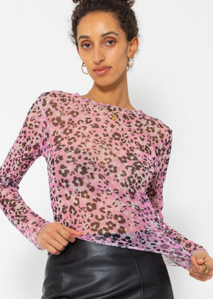 Mesh long-sleeved shirt with leopard print - pink
