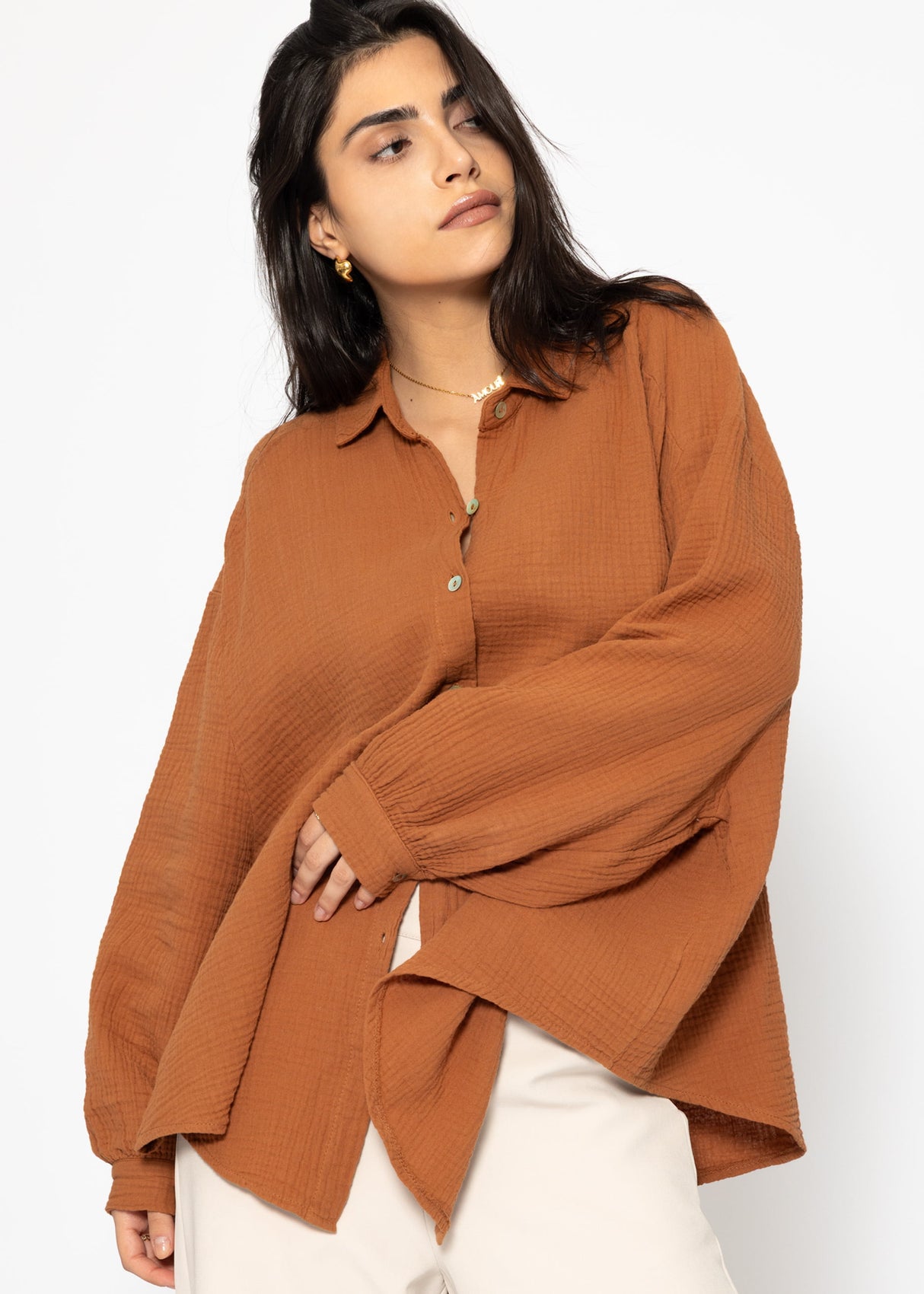 Muslin blouse oversize, short, cognac