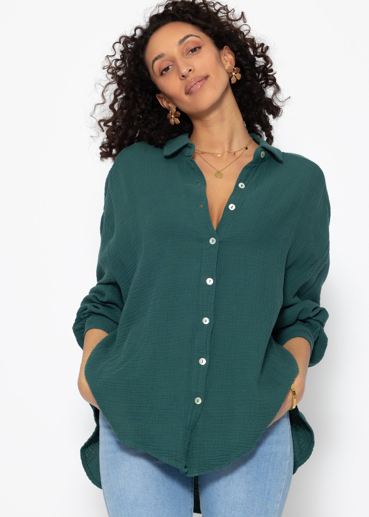 Musselin Bluse oversize, kurz, dunkelgrün