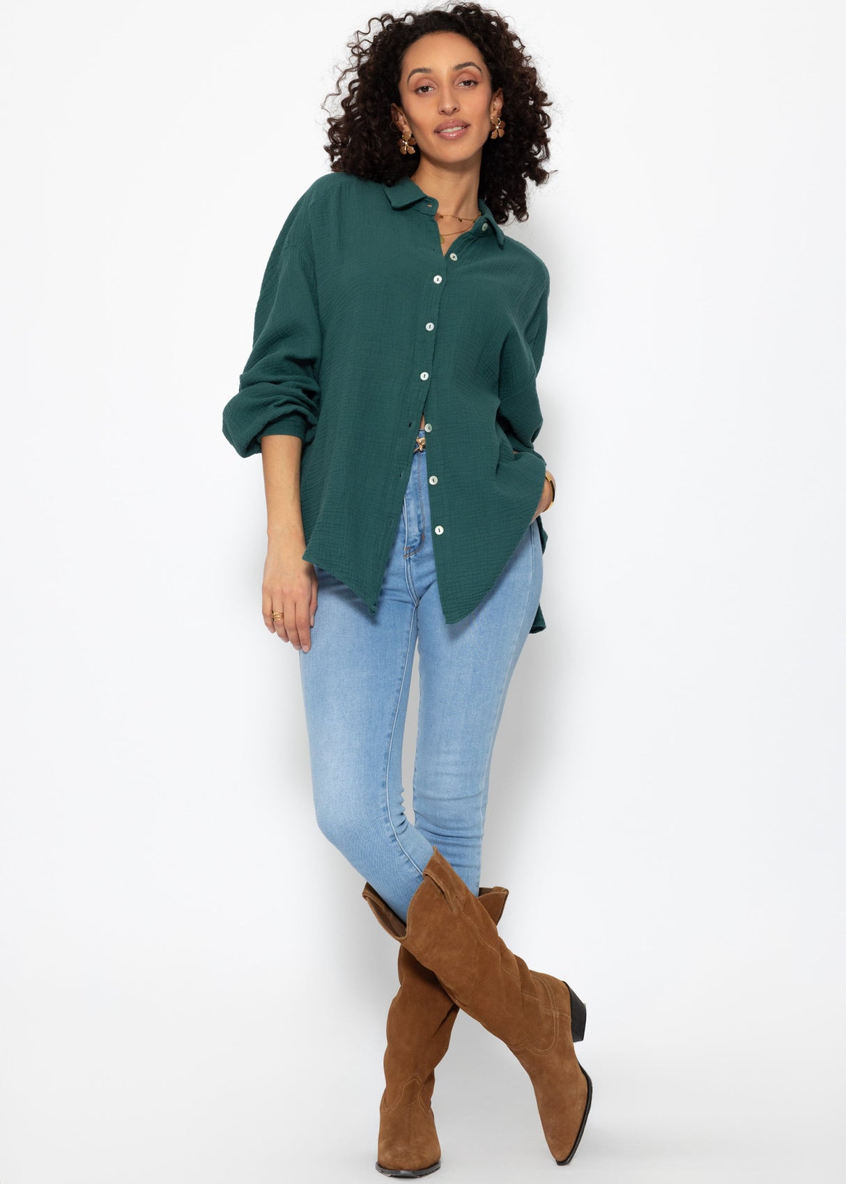 Musselin Bluse oversize, kurz, dunkelgrün