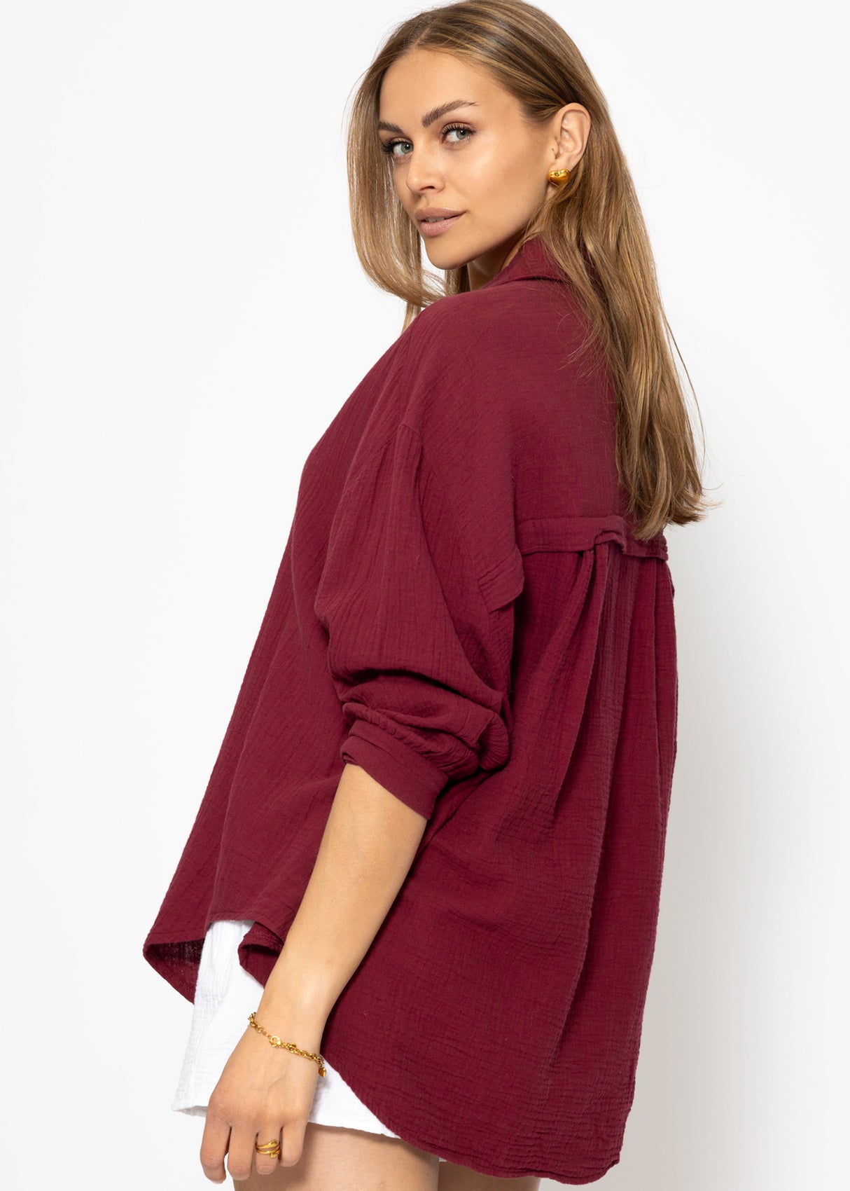 Musselin Bluse oversize, kurz, dunkelrot