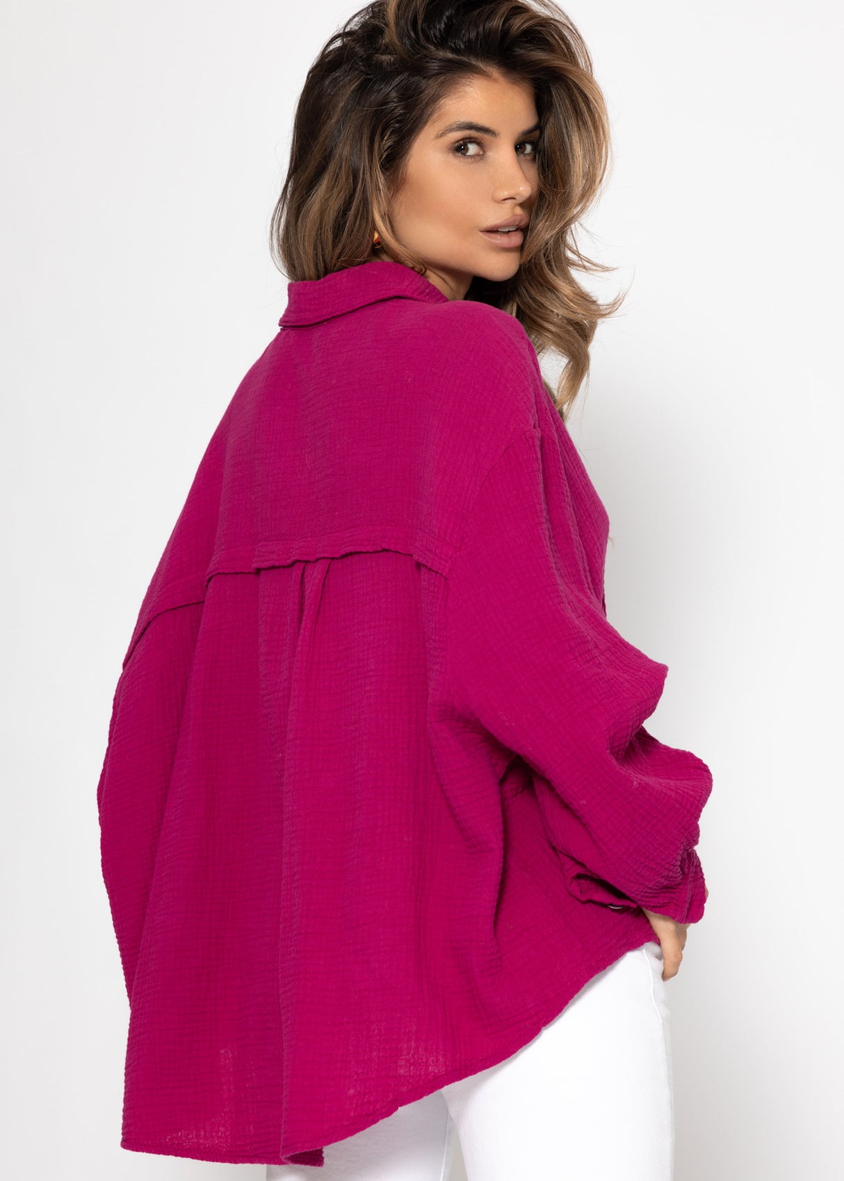Musselin Bluse oversize, kurz, fuchsia