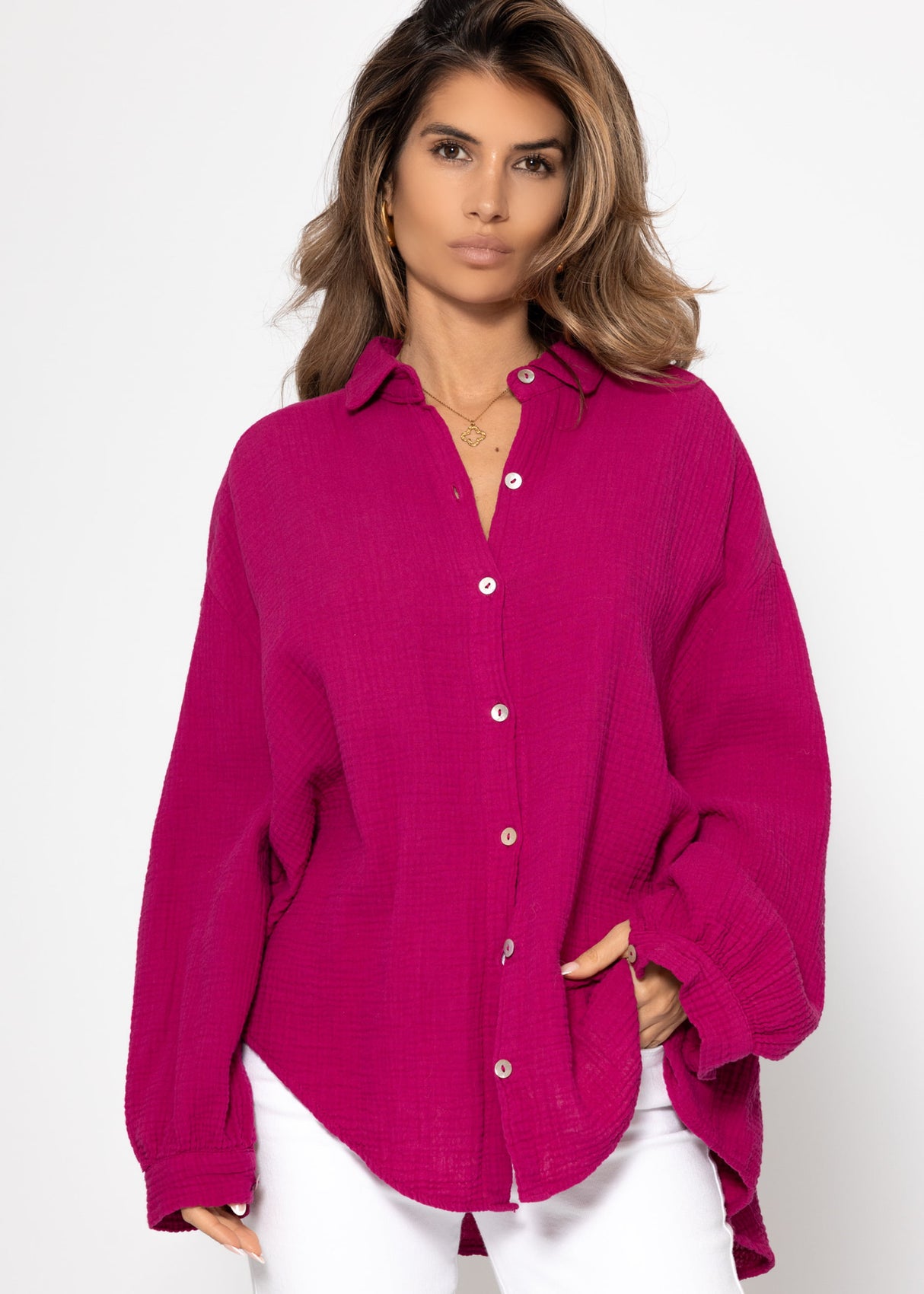 Musselin Bluse oversize, kurz, fuchsia