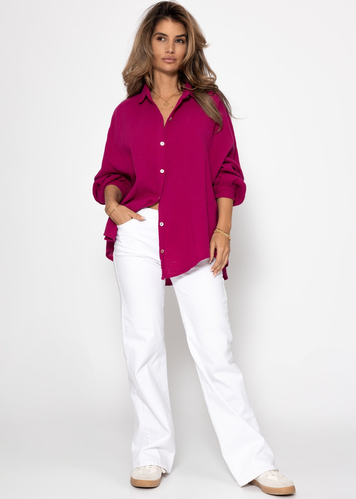 Musselin Bluse oversize, kurz, fuchsia