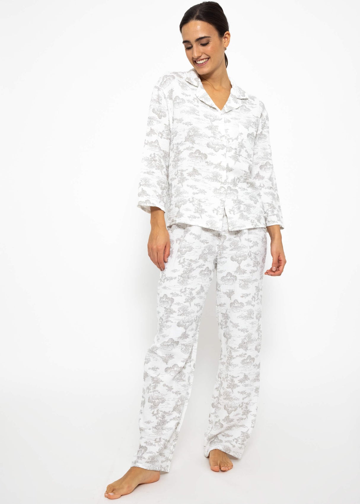 Muslin pajama blouse with print - white-taupe