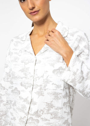 Muslin pajama blouse with print - white-taupe