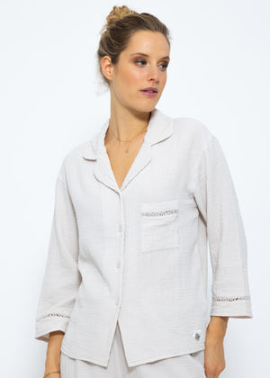 Muslin pajama blouse with lace trim - light beige