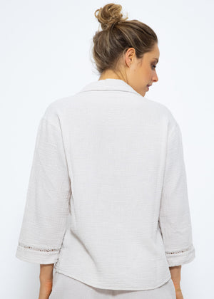 Muslin pajama blouse with lace trim - light beige