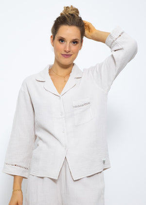 Muslin pajama blouse with lace trim - light beige