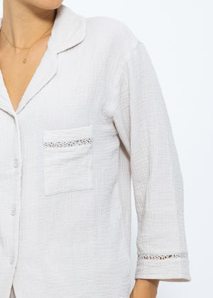 Muslin pajama blouse with lace trim - light beige