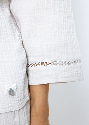 Muslin pajama blouse with lace trim - light beige