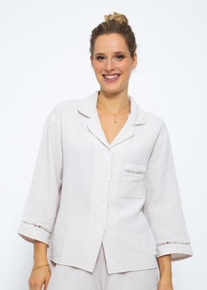 Muslin pajama blouse with lace trim - light beige