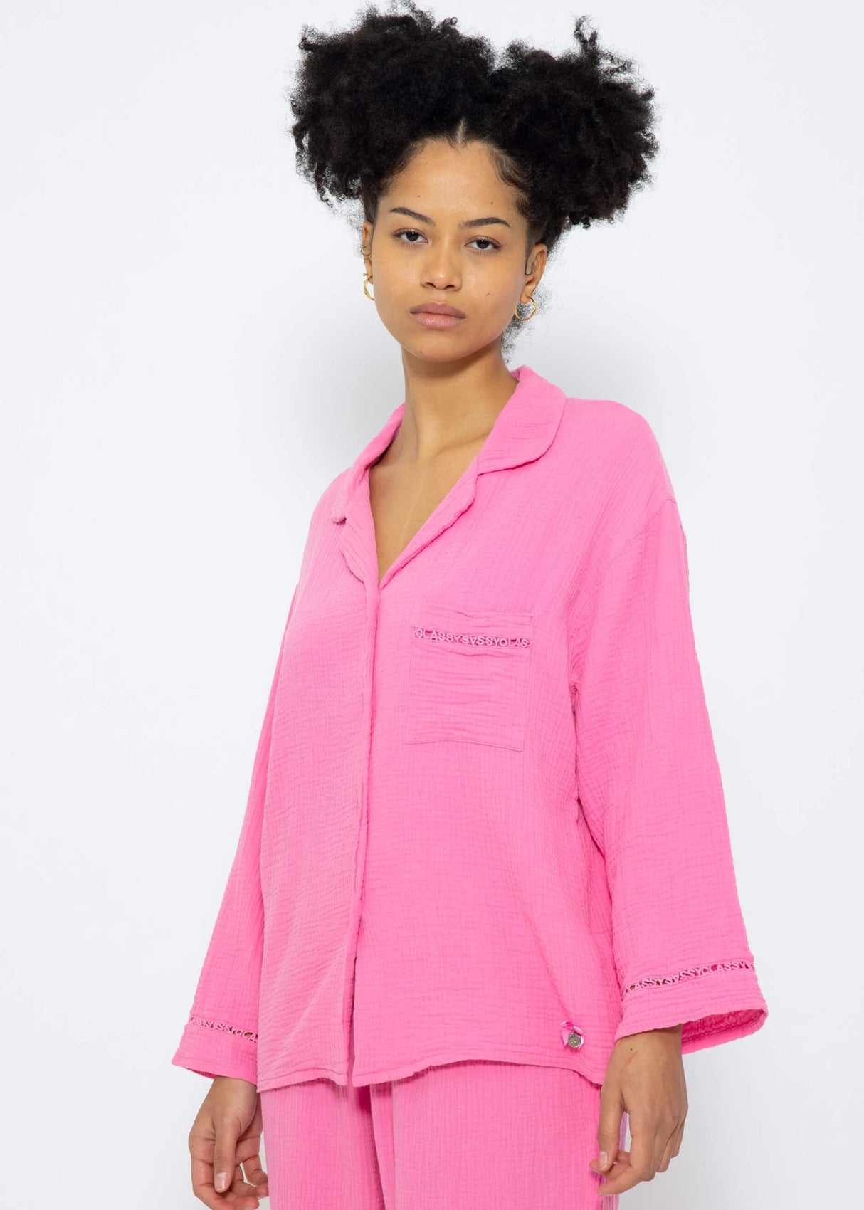 Muslin pajama blouse with lace trim - pink