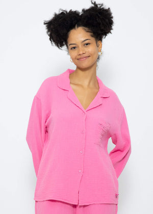 Muslin pajama blouse with lace trim - pink