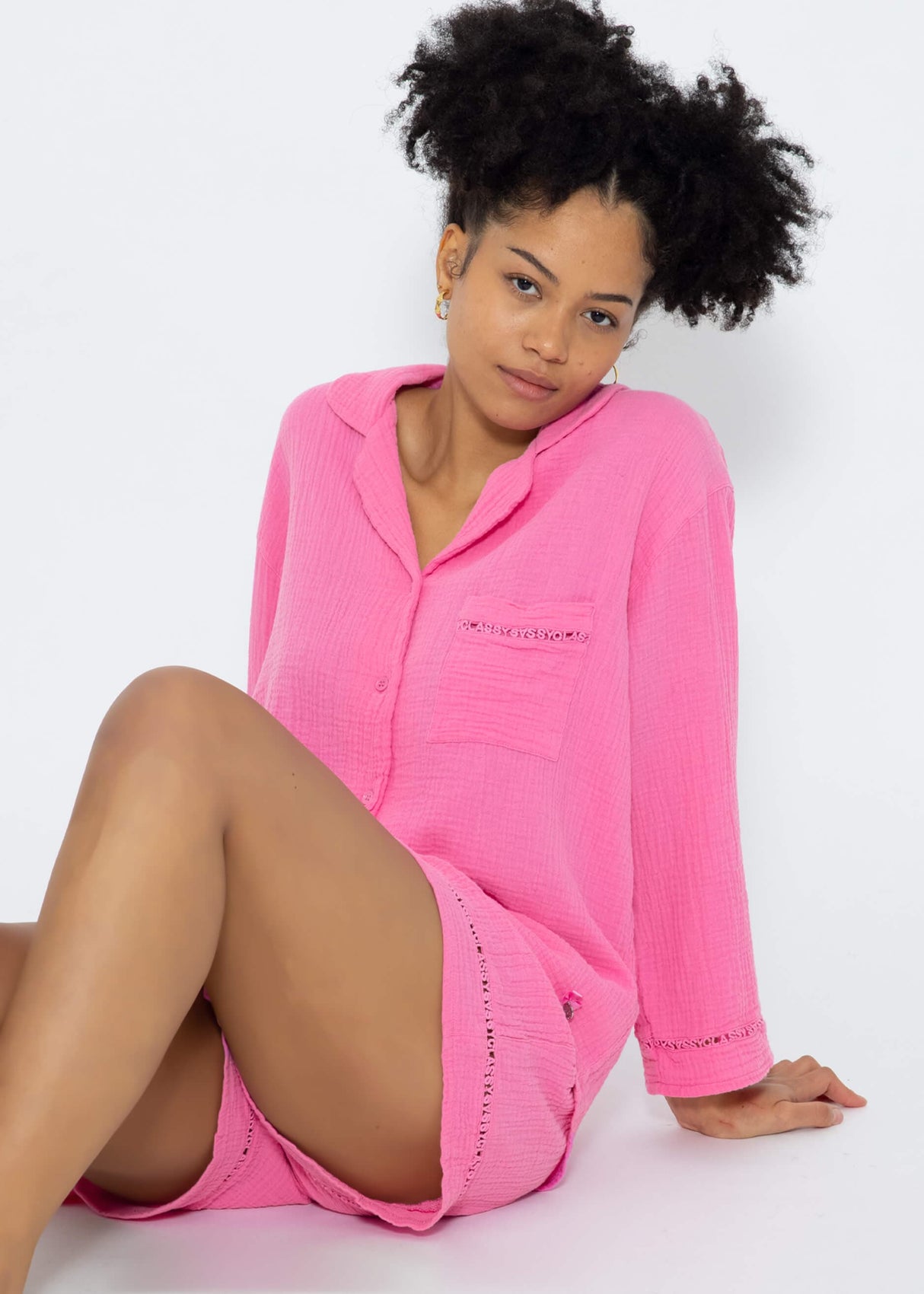 Muslin pajama blouse with lace trim - pink