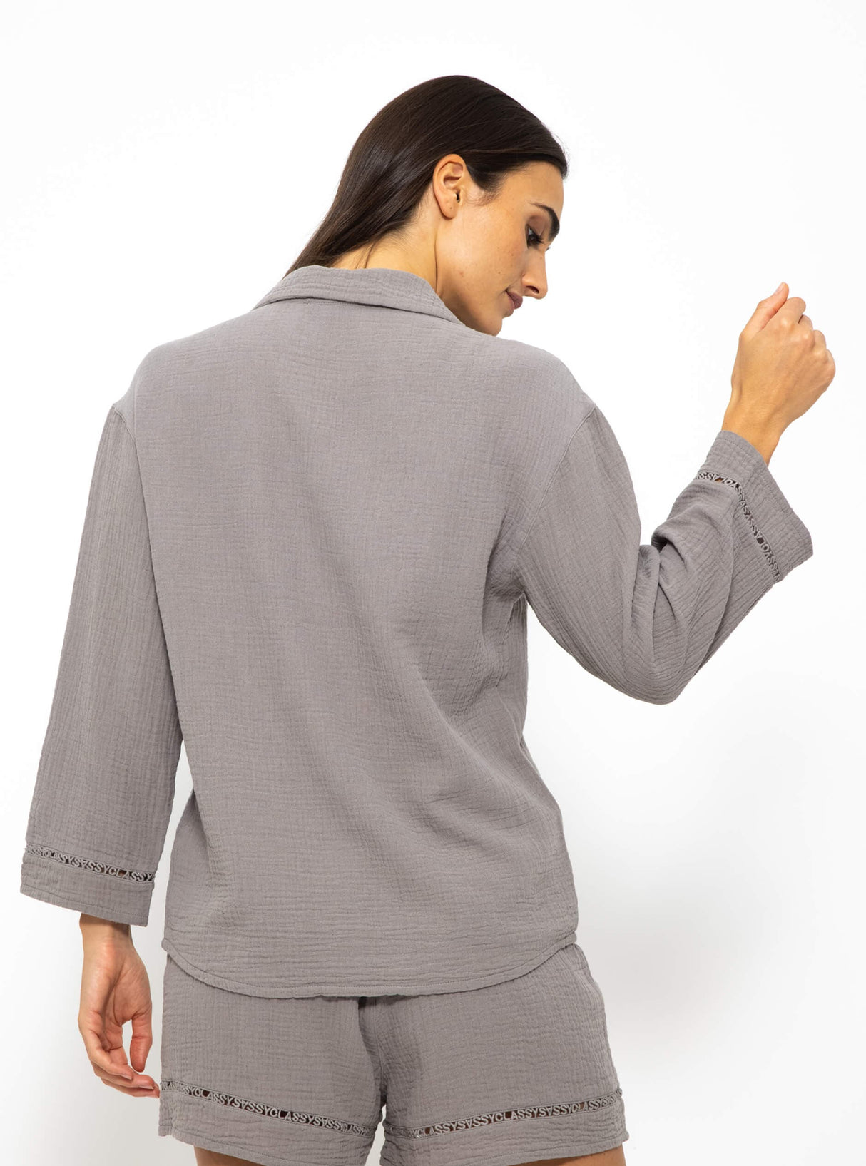 Muslin pajama blouse with lace trim - taupe