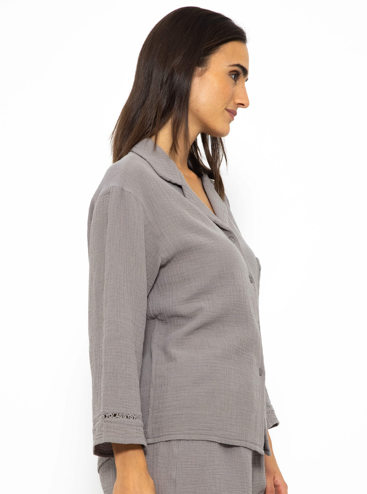 Muslin pajama blouse with lace trim - taupe