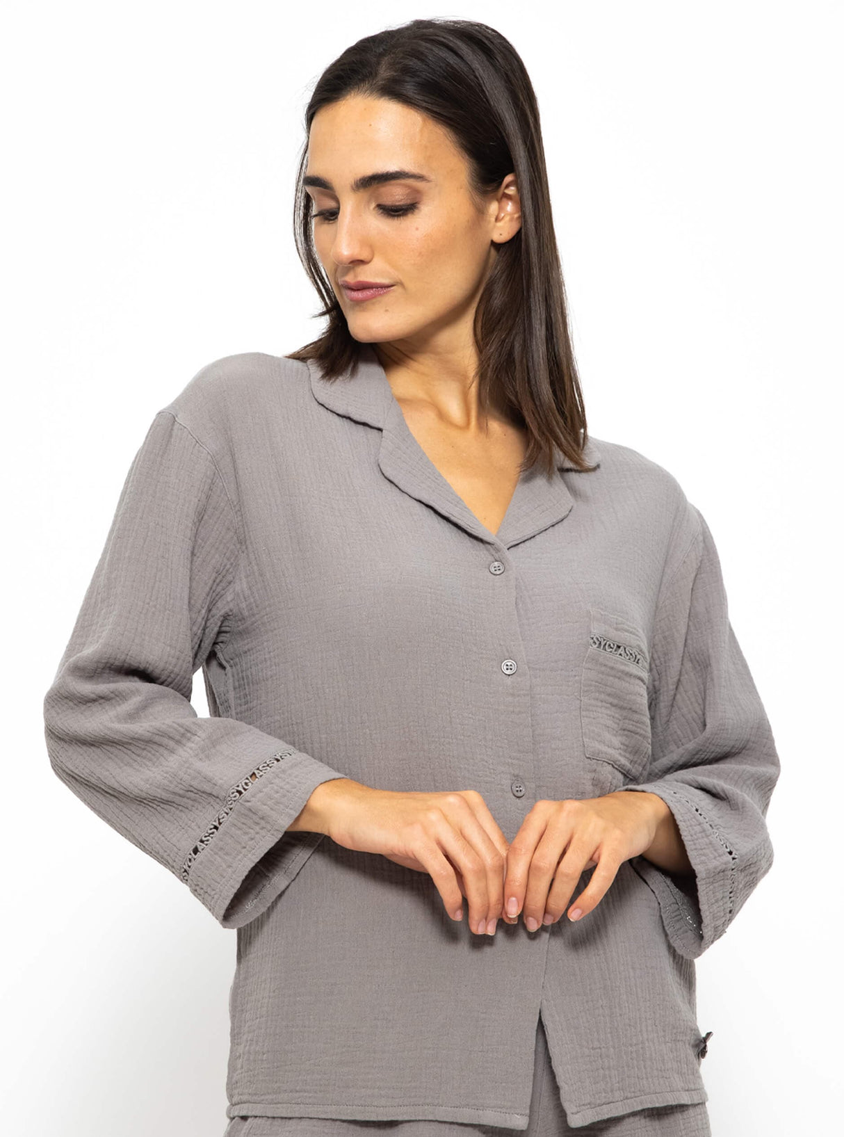 Muslin pajama blouse with lace trim - taupe