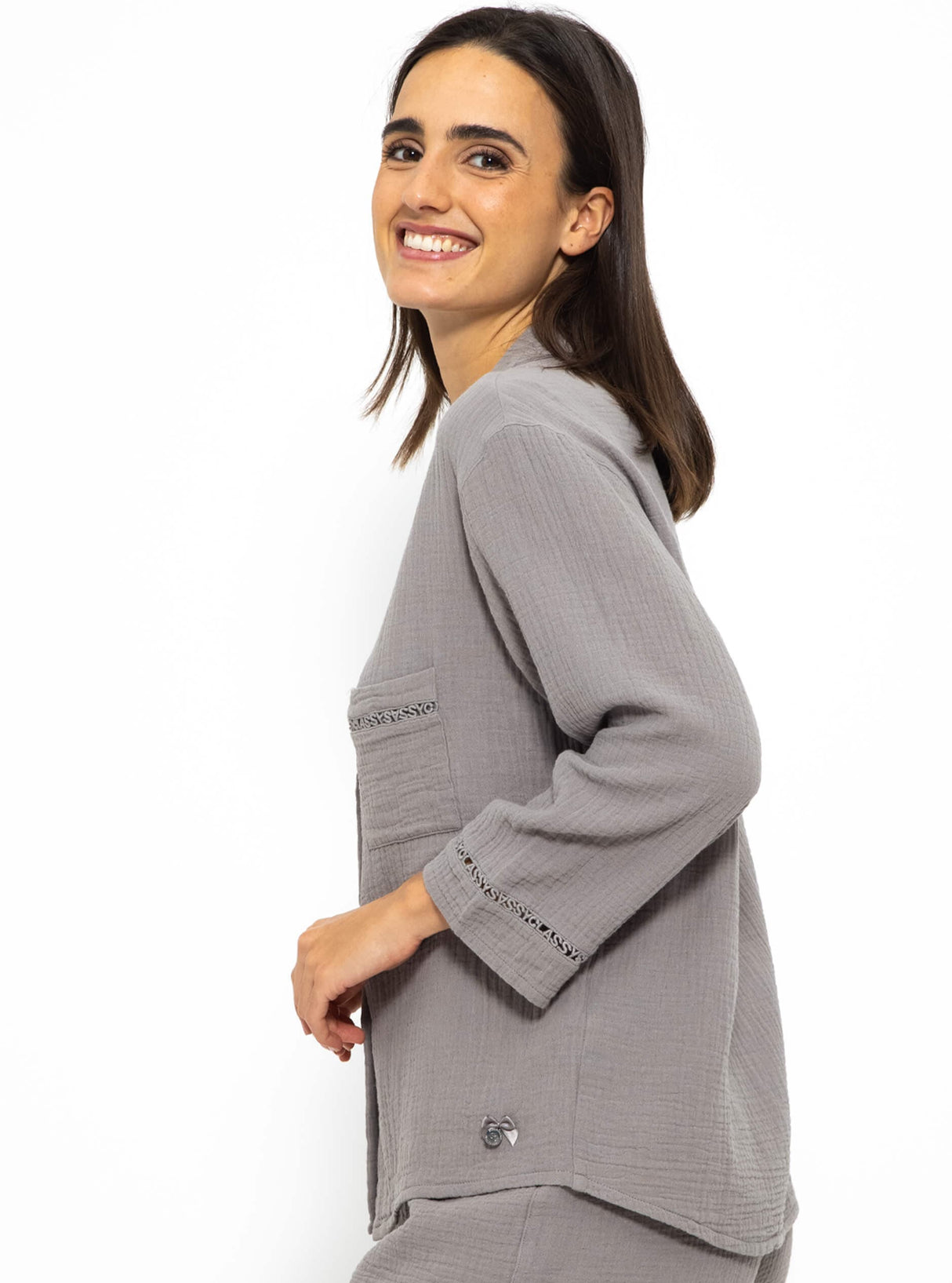 Muslin pajama blouse with lace trim - taupe