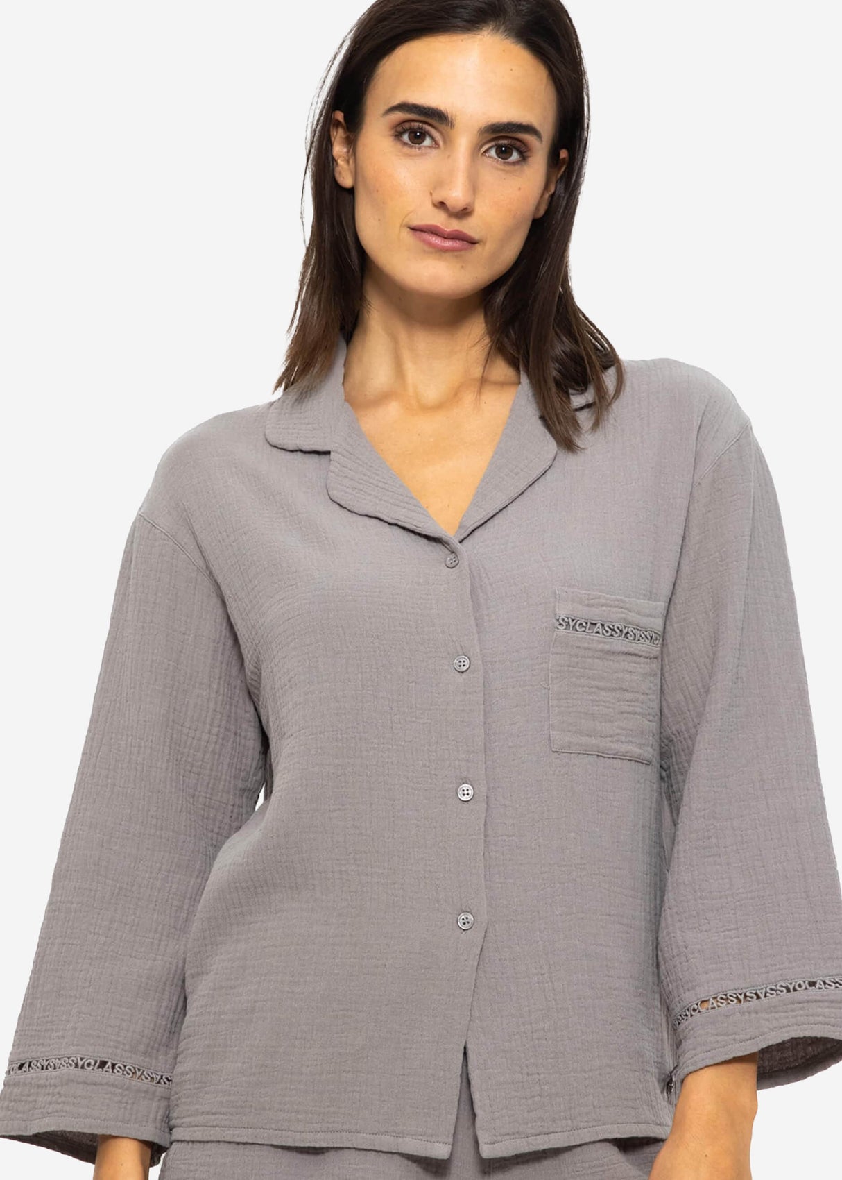 Muslin pajama blouse with lace trim - taupe