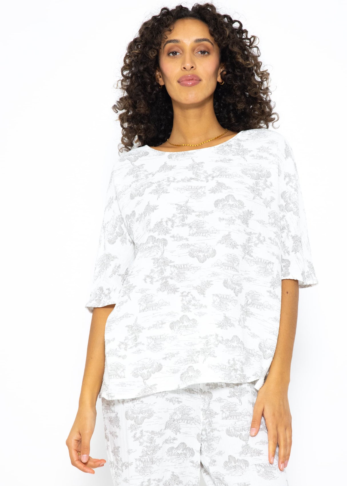Muslin pajama shirt with print - white-taupe