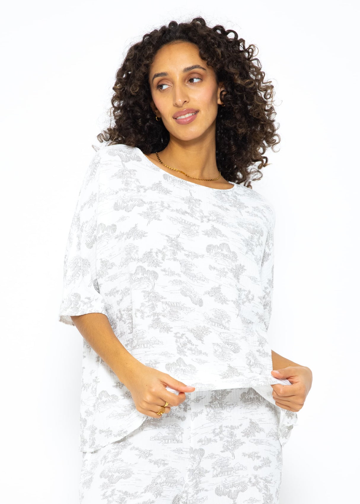 Muslin pajama shirt with print - white-taupe
