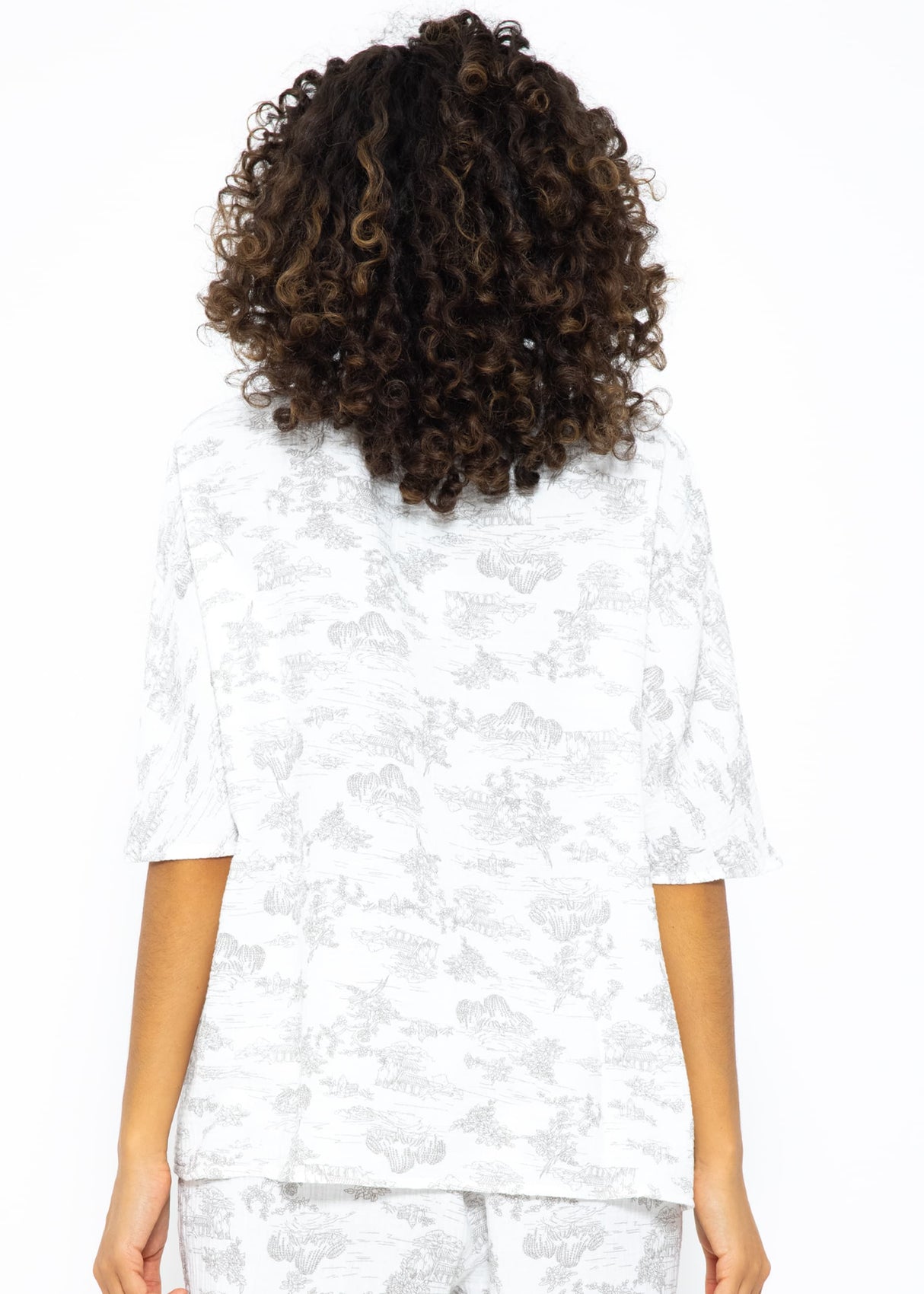 Muslin pajama shirt with print - white-taupe