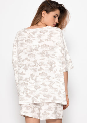 Muslin pajama shirt with print - white-taupe