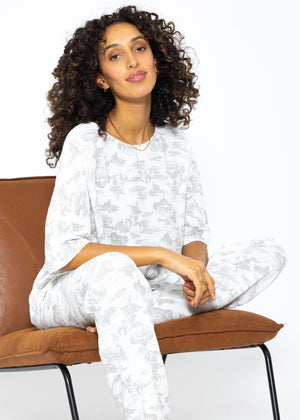 Muslin pajama shirt with print - white-taupe