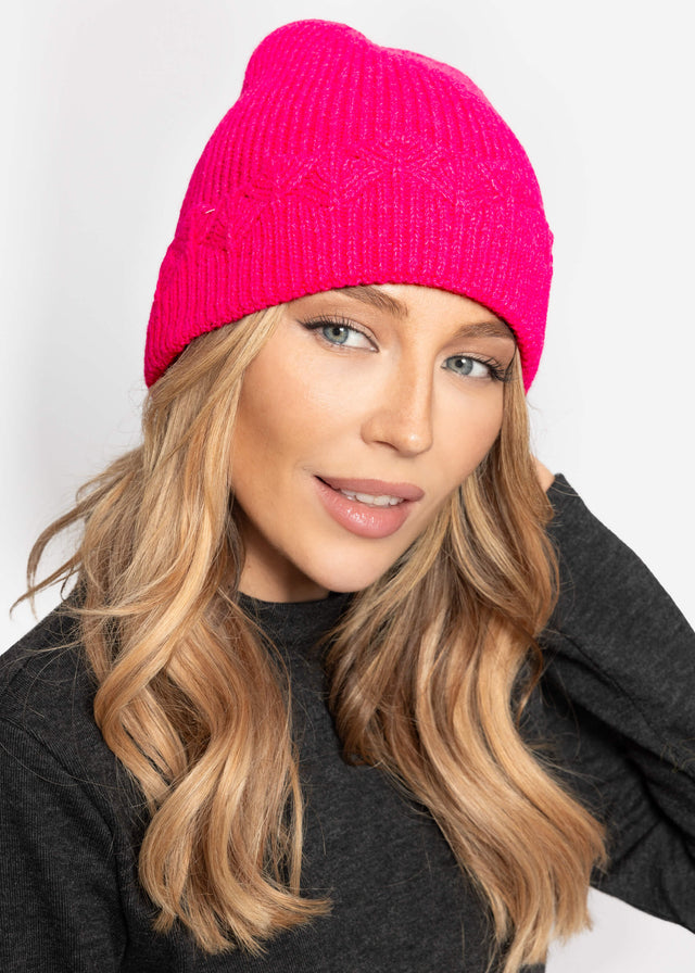 Beanie with openwork knit trim - pink