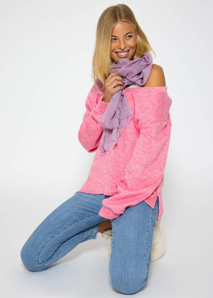 Oversize soft sweater with deep V-neck - pink